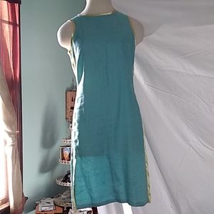 100% linen aqua sleeveless dress with yellow sides